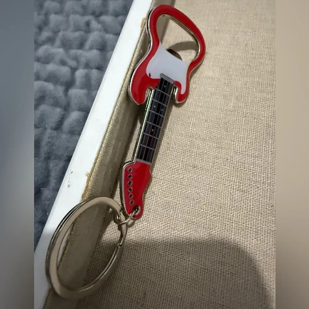 Guitar Bottle Opener Keychain Red & White – Rockin’ Accessory for Music Lovers